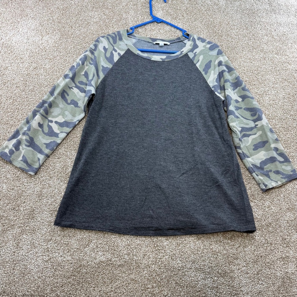 Downeast Womens Large Raglan Camo Sleeve Charcoal Grey Top Military Lounge